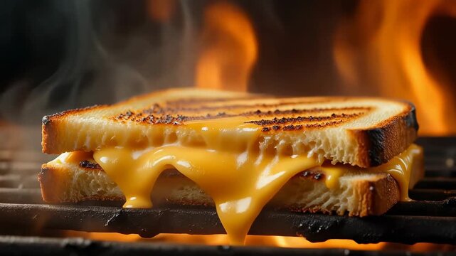Grilled cheese sandwich melting and dripping on a hot bbq grill with smoke and intense fire background
