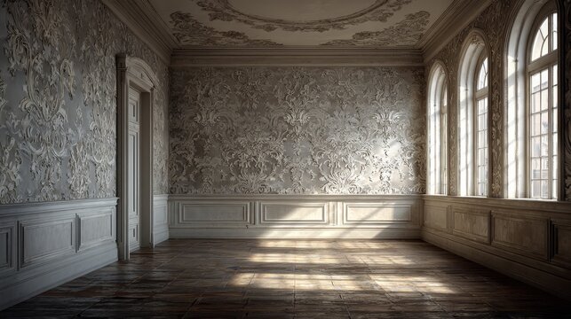 Empty basement room with gray baroque wallpaper and soft even light, minimal interior, clean composition, realistic architectural details, calm and serene atmosphere