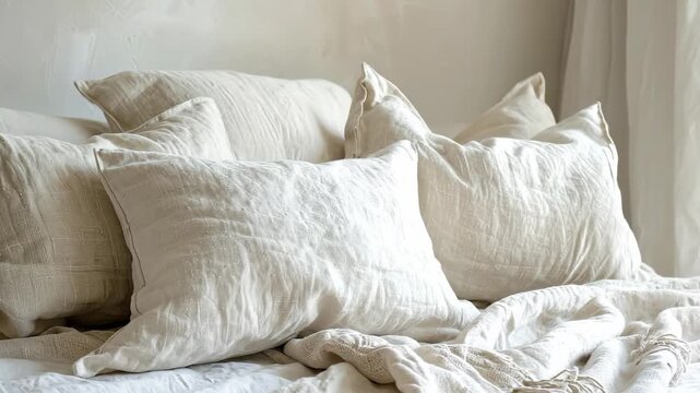 A collection of plush, cream-colored pillows arranged on a bed, bathed in soft, natural lighting.