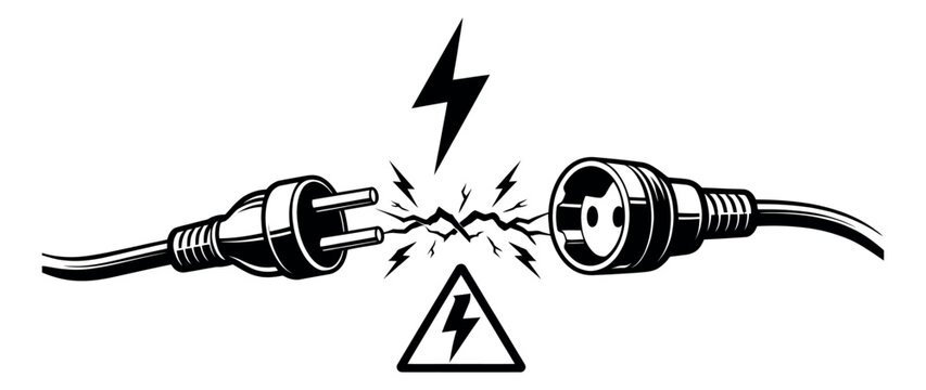 Line art illustration of an electrical plug and socket depicting a short circuit for electrical safety warning