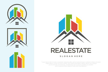 Fototapeta premium Real Estate Logo Design with City Building and House Icon .vector illustration