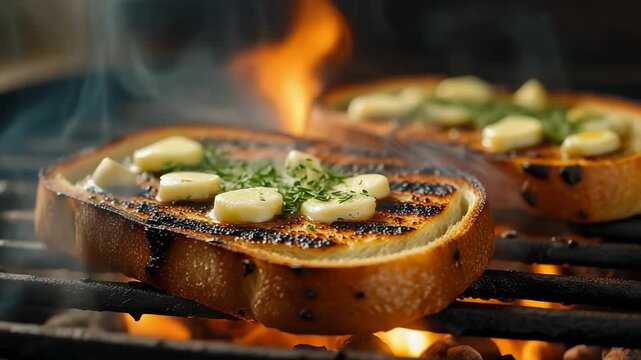 Grilled bread slices topped with fresh garlic and herbs sizzling over open flames on a barbecue grill