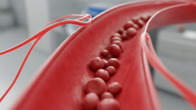 Close-up view of blood clots forming inside a human vein, illustrating a medical condition.
