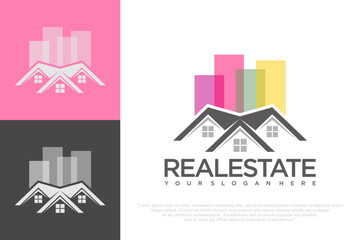 Obraz premium Real Estate Logo Design with City Building and House Icon .vector illustration