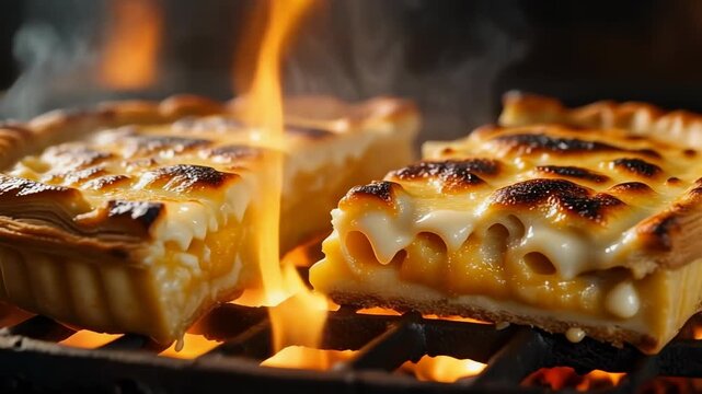 Close-up of savory tarts with rich melted cheese crust grilling over hot open flames showcasing delicious golden brown texture and appetizing preparation on a bbq grate.
