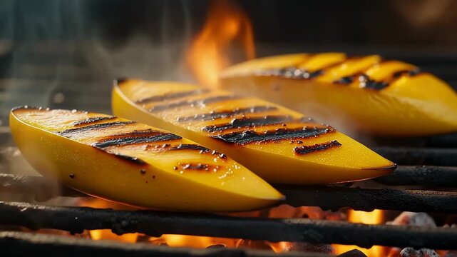 Grilled mango slices with char marks on hot barbecue grate a sweet summer dessert cooking over glowing coals and rising smoke