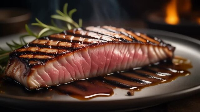 Close-up of perfectly seared medium-rare steak with dark grill marks resting in a rich glaze garnished with fresh rosemary.
