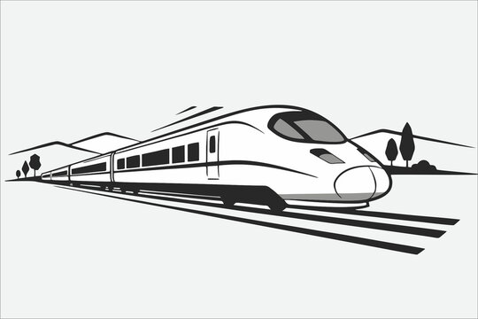 Modern High-Speed Train Vector Illustration on Railway Track with Mountain Landscape Background