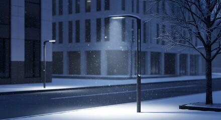 Beautiful view of a road with glowing lights at side with snow falling 