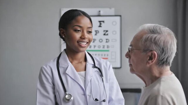 Medical Consultation Stock Video Black Doctor and Elderly Patient Near Eye Chart