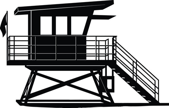 Lifeguard tower silhouette icon with coastal lookout cabin and safety stairs for beach rescue and summer travel vector