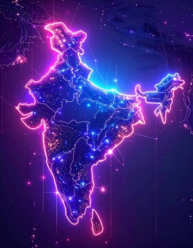 A neon-lit map of India with vibrant pink and blue lights on a dark background