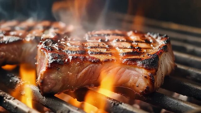 Close-up of thick beef steak grilling over roaring flames on a bbq grate achieving perfect sear and smoky flavor
