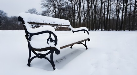 Ornate black metal park bench heavily covered in thick white snow sits abandoned in a vast winter landscape with barren trees lining the distant horizon under a gray sky