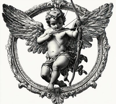 ornate winged cherub drawing a bow inside an intricately carved circular frame, playful and romantic mood