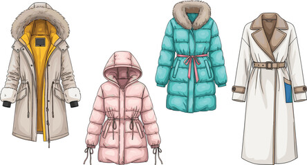 Women's winter coat collection with fur-lined parka puffer jackets and elegant trench coat for seasonal apparel branding vector © Bappi