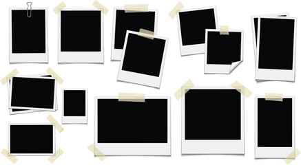 A collection of blank Polaroid photos taped to a white background