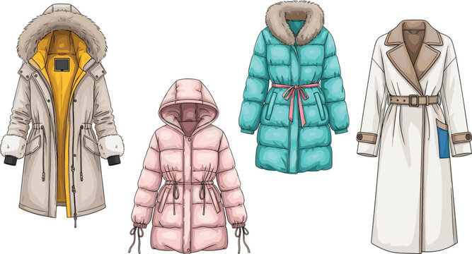 Women's winter coat collection with fur-lined parka puffer jackets and elegant trench coat for seasonal apparel branding vector