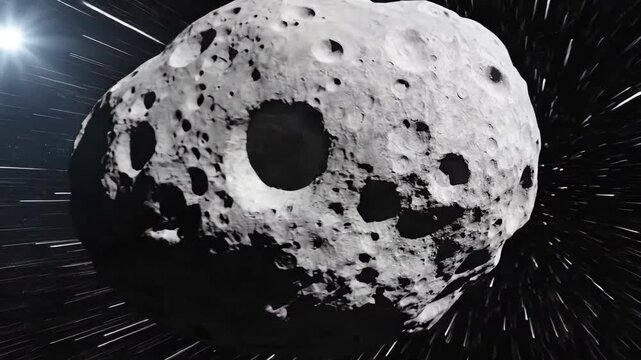 Asteroid hurtling through space with a bright light source illuminating its textured surface.