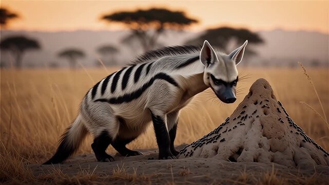 AI-Generated Side Angle Illustration of an Aardwolf Hunting Termites in Natural Savanna Habitat