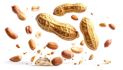 Aerial view of assorted nuts in mid-air against a white background