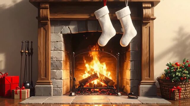 Cozy Christmas fireplace scene with stockings, presents, and festive decorations creating a warm atmosphere.