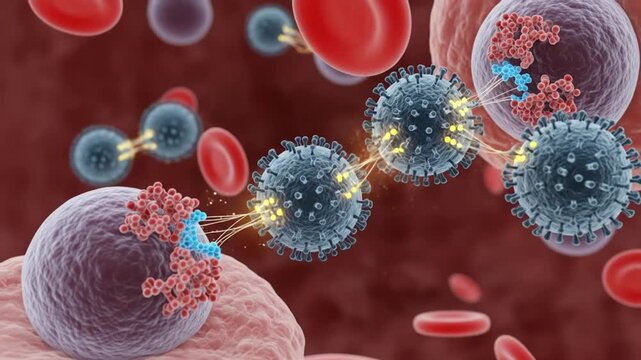 Medical illustration of HIV virus attacking human immune cells and red blood cells in the bloodstream.
