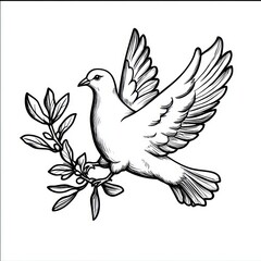 Fototapeta premium soaring dove with outstretched wings clutching an olive branch, detailed black and white line drawing conveying peace and serenity