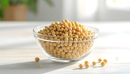 Raw soybeans in a transparent white bowl, placed on a light wooden table, clean background.