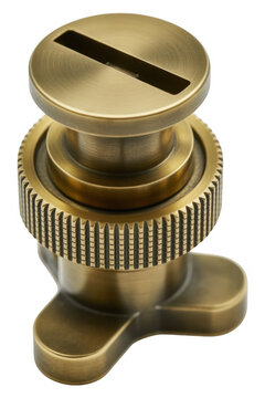 Brass faucet handle with gear and slot isolated on a transparent background
