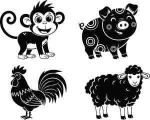 Black and white vector illustration set of cute cartoon farm animals including a smiling monkey pig rooster and sheep for kids education design,