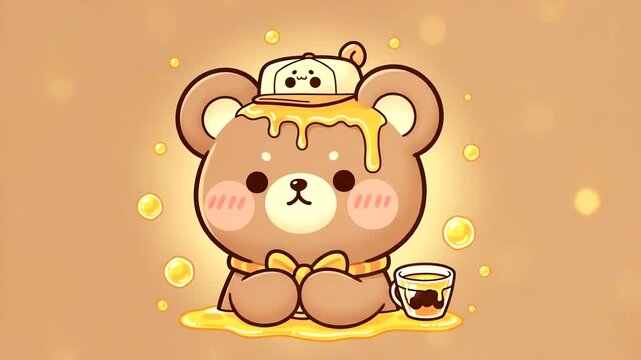 Cute cartoon bear with honey and a small cup of honey.