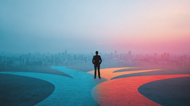 Choosing Change Over Routine as a Key Lifestyle Decision at Sunset With City Skyline in Background