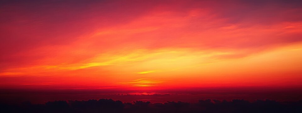 Vibrant orange and red sunset sky with layered clouds creating a serene and warm atmosphere over a dark horizon
