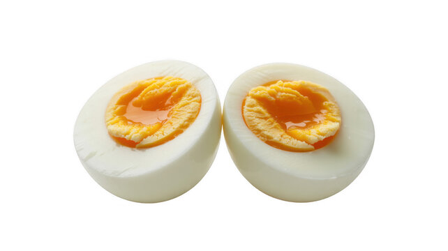 Boiled egg halves with runny yolk isolated on a transparent background