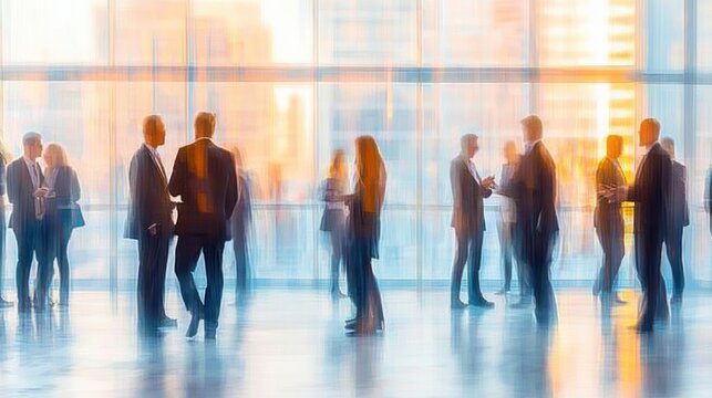 Blurry silhouette of business people engaged in conversations inside a modern building with large glass windows and cityscape background during sunset