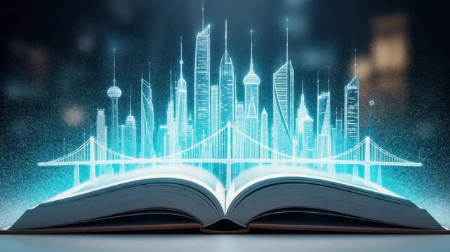 Open Book with Cityscape Emerging from Pages.