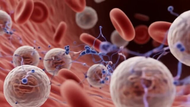 Close-up view of red and white blood cells flowing through a vein, illustrating human biology and health.