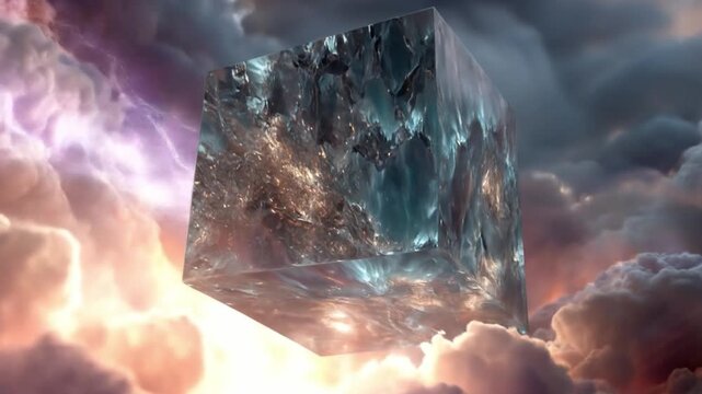 Abstract geometric cube floating in a dramatic cloudy atmosphere