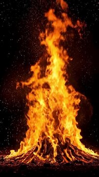 A mesmerizing and powerful bonfire blazes intensely against a deep, contrasting dark background, creating a dynamic spectacle of light and heat. Brilliant orange and yellow flames dance vigorously upw