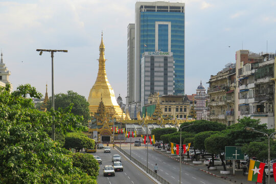Sule Pagoda and Street with Myanmar Flags during the 2026 elections