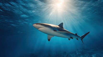 Obraz premium Caribbean Reef Shark Swimming in Clear Blue Water With Sun Rays Creating Patterns in the Ocean