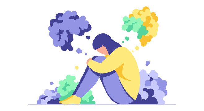 Woman sitting alone, lost in thought, surrounded by colorful abstract thought bubbles representing emotions and ideas.