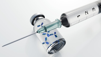 3D rendering of a medical syringe and vial. Inside, stylized blue and green Y-shaped antibody icons float in clear liquid against a sterile white background.