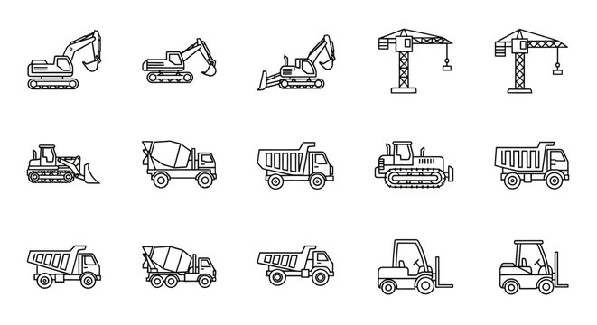 Construction Equipment Line Icons Set: Excavator, Crane, Dump Truck, Cement Mixer, and Bulldozer. Heavy Machinery Outline Vector Collection.