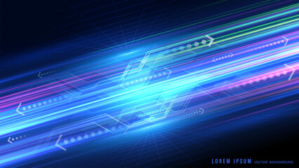 Abstract technology background with high-speed blue neon light lines and circuit patterns © CoolFinger101