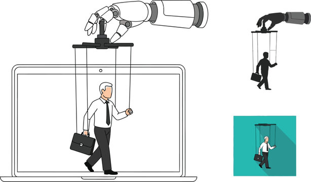 A businessman is controlled by a robotic hand through a laptop