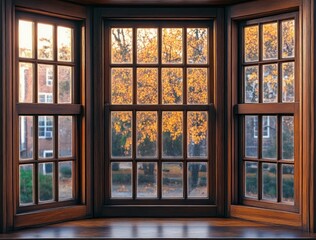 Cozy wooden bay window with multiple glass panes showing autumn trees with golden leaves and a brick building outside during daylight