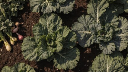 Top-down view of leafy cabbages and onions in a garden bed