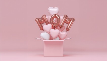 A pink gift box overflowing with mom balloons and heart shaped decorations